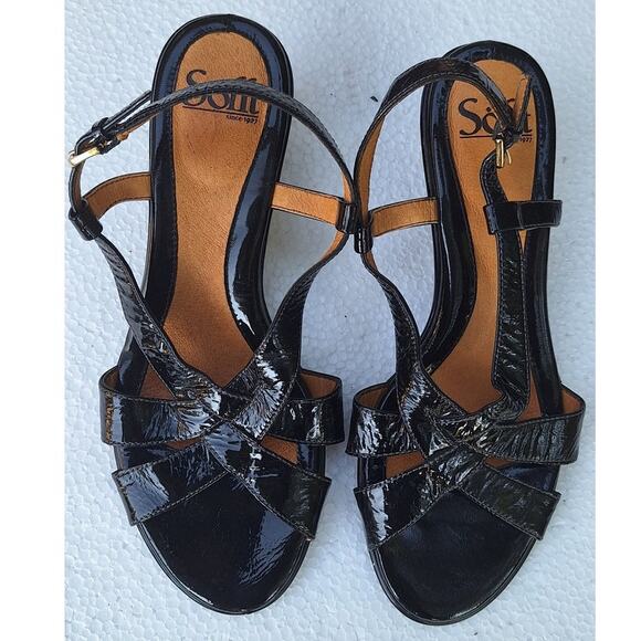Sofft Andrea Patent Leather Strappy Kitten Wedge Slingback Black Sandal Sz. 8.5 - Picture 2 of 12